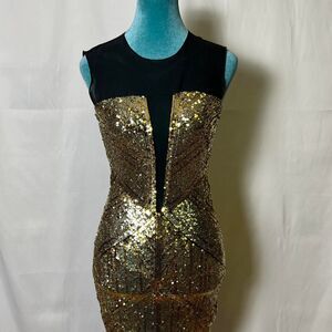Y2K Bebe Women's Gold Sequin Bodycon Party Dress xs